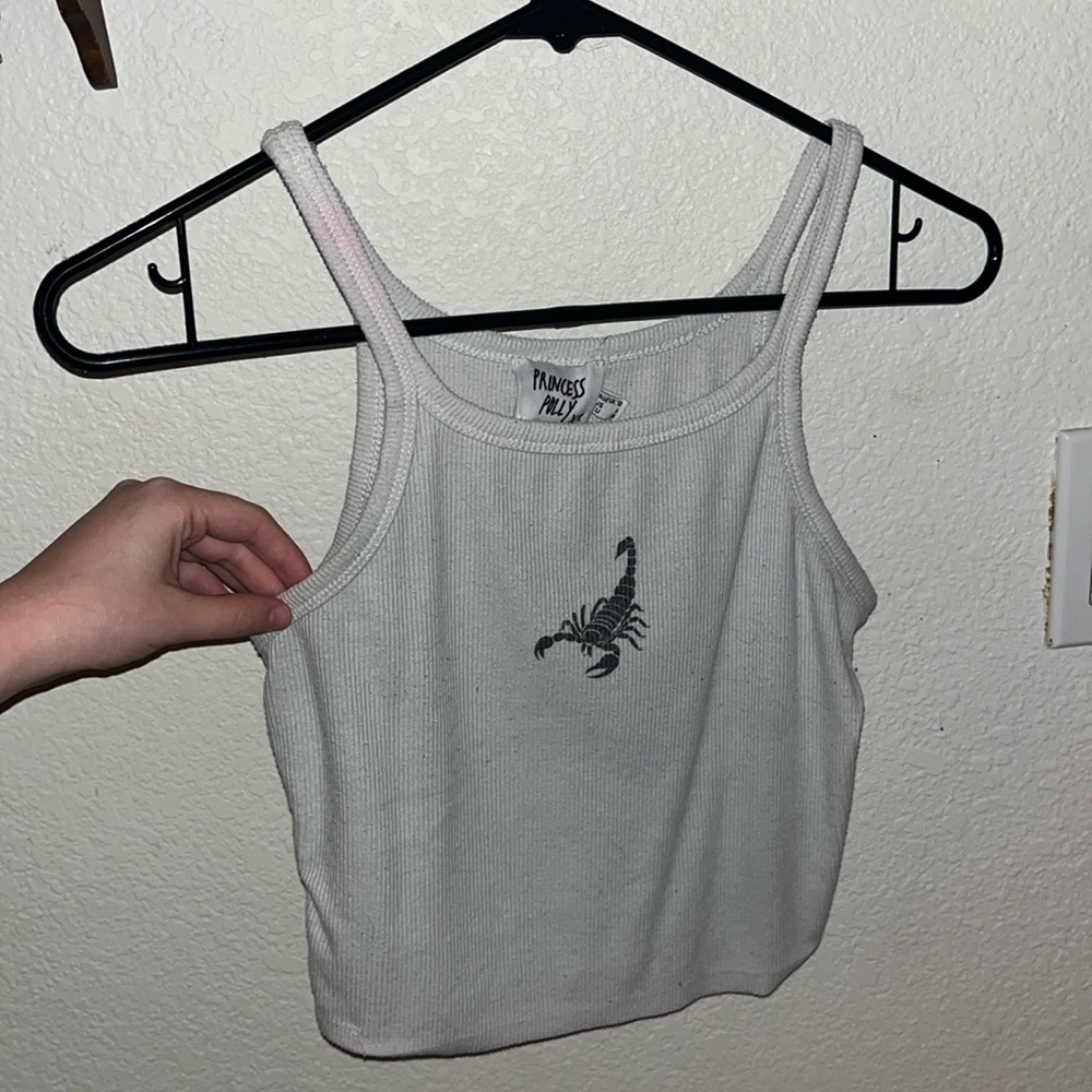 princess polly white crop top with black scorpion print